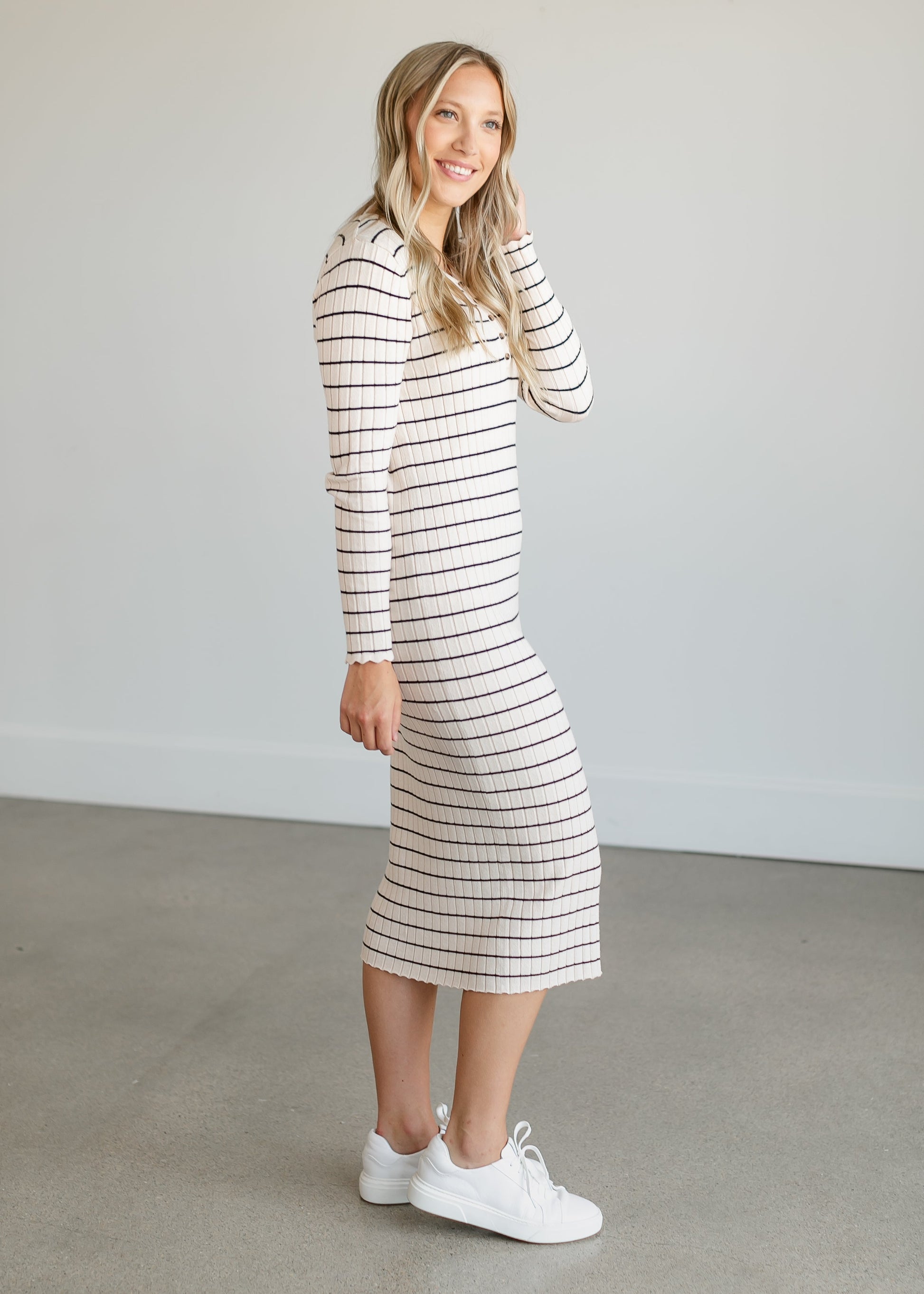 Quarter Button Striped Knit Midi Dress FF Dresses