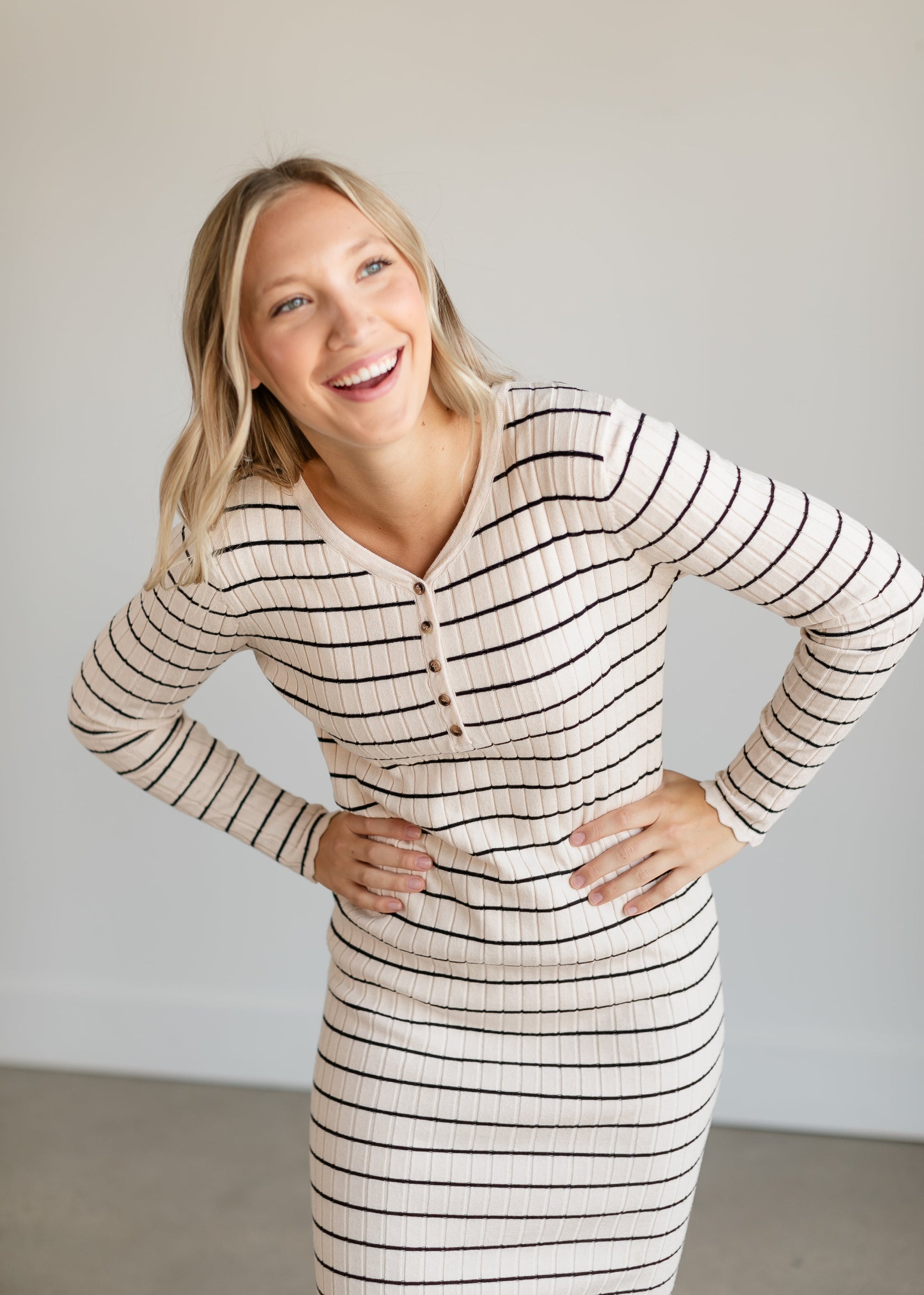 Quarter Button Striped Knit Midi Dress FF Dresses