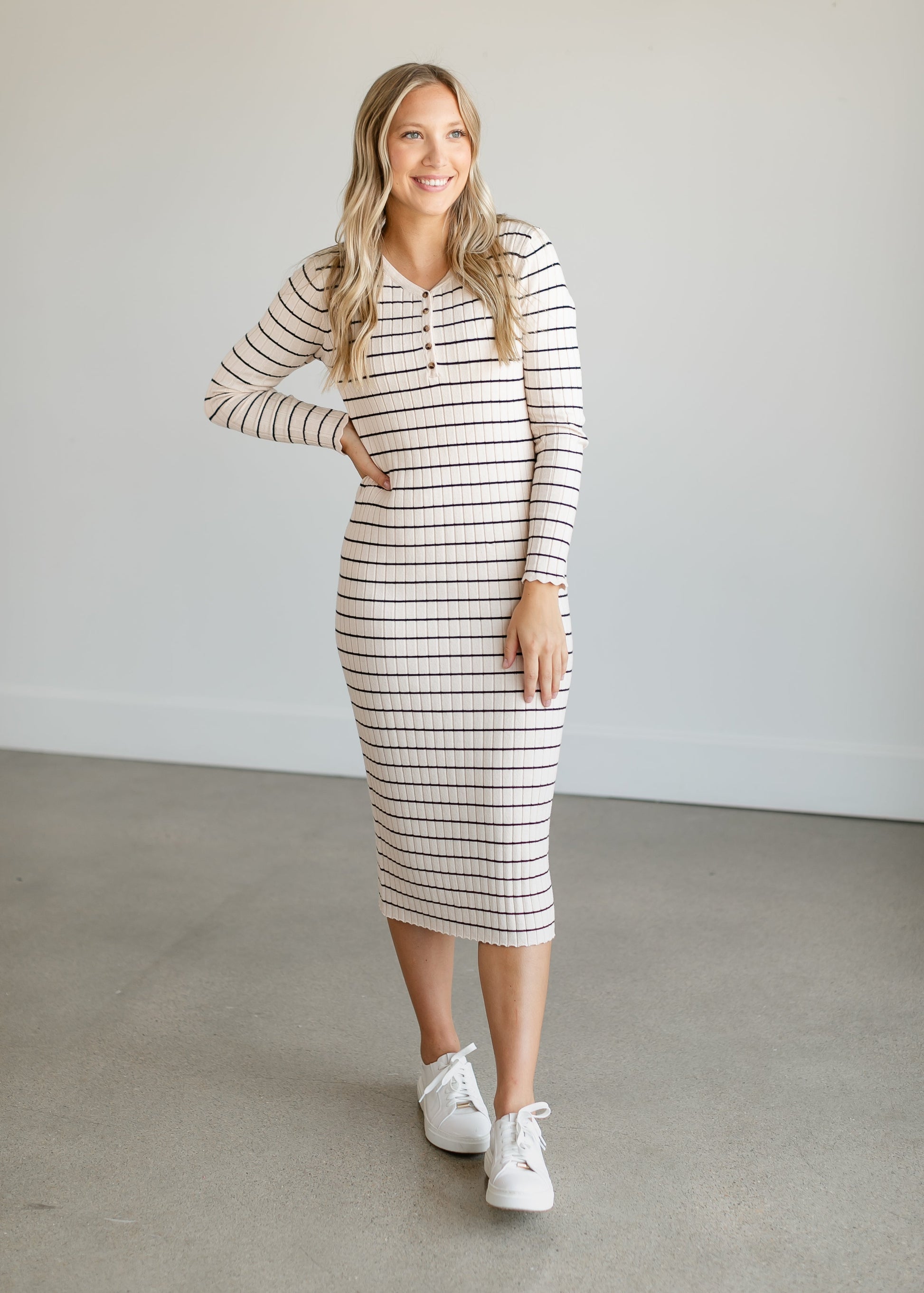 Quarter Button Striped Knit Midi Dress FF Dresses