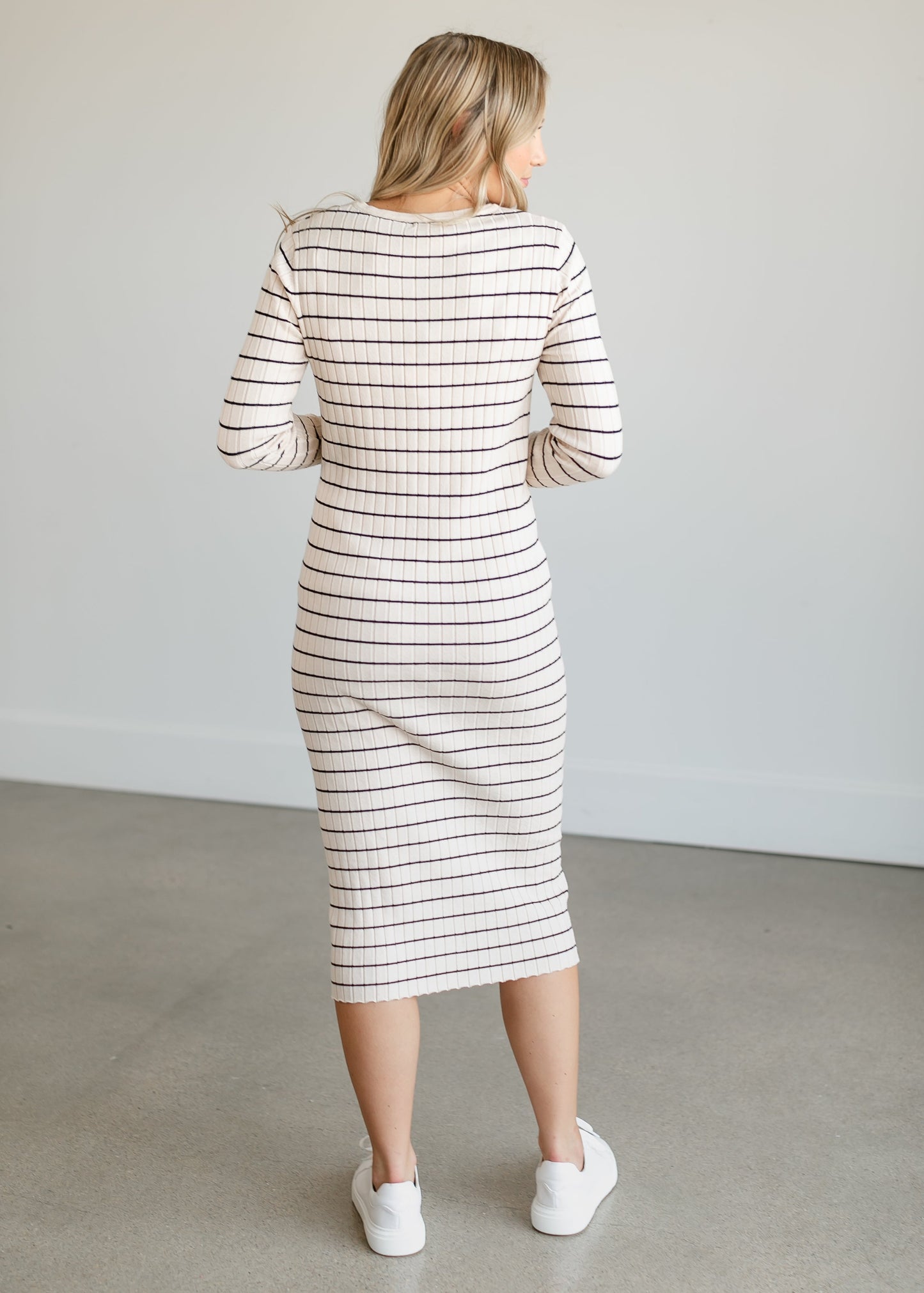 Quarter Button Striped Knit Midi Dress FF Dresses