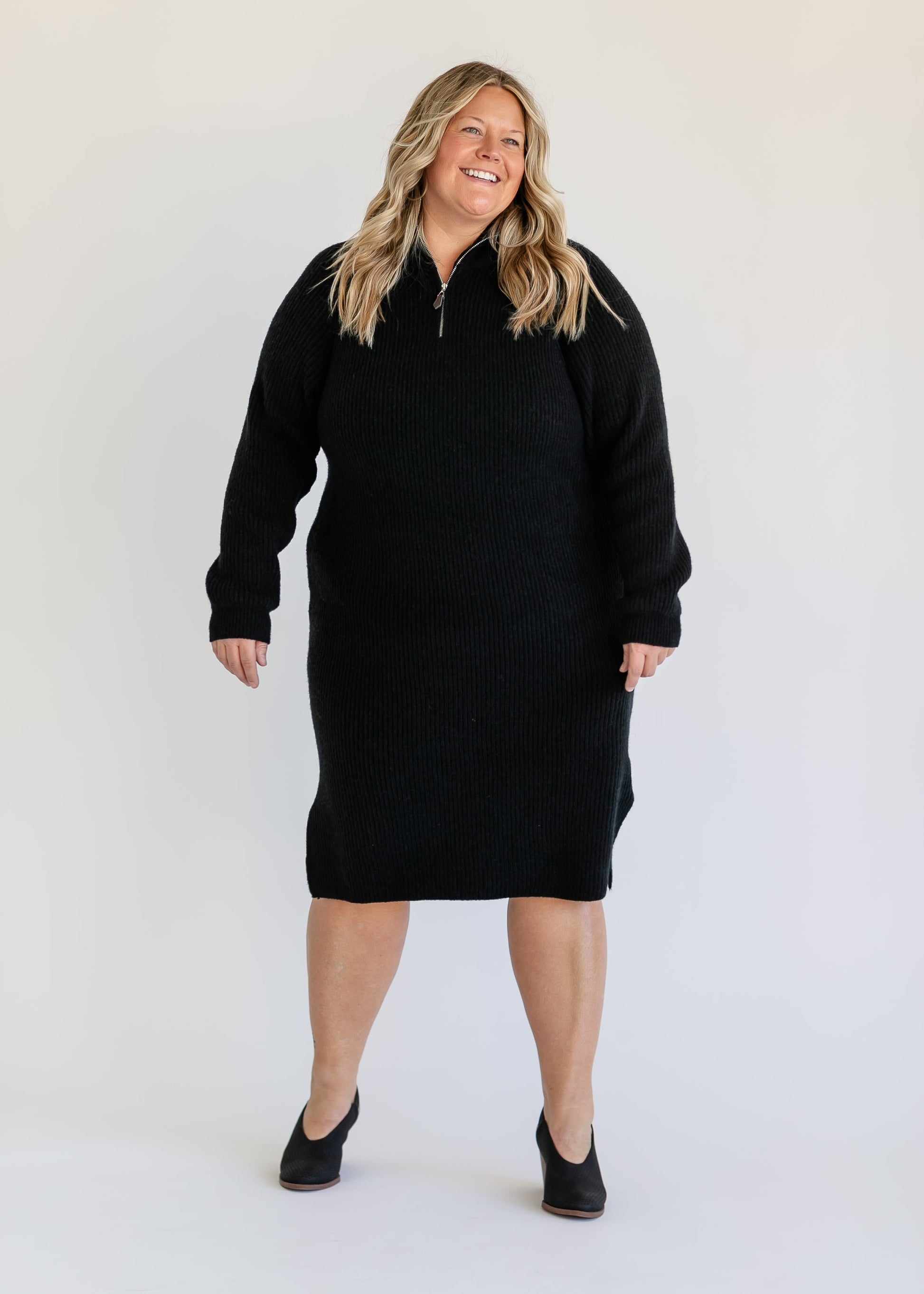 Quarter Zip Mockneck Sweater Midi Dress FF Dresses Black / S/M
