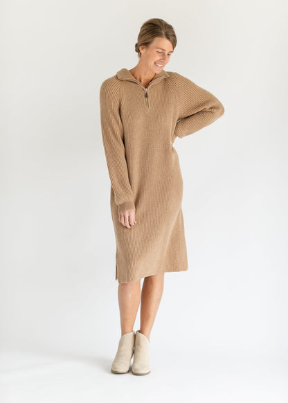 Quarter Zip Mockneck Sweater Midi Dress FF Dresses Brown / S/M