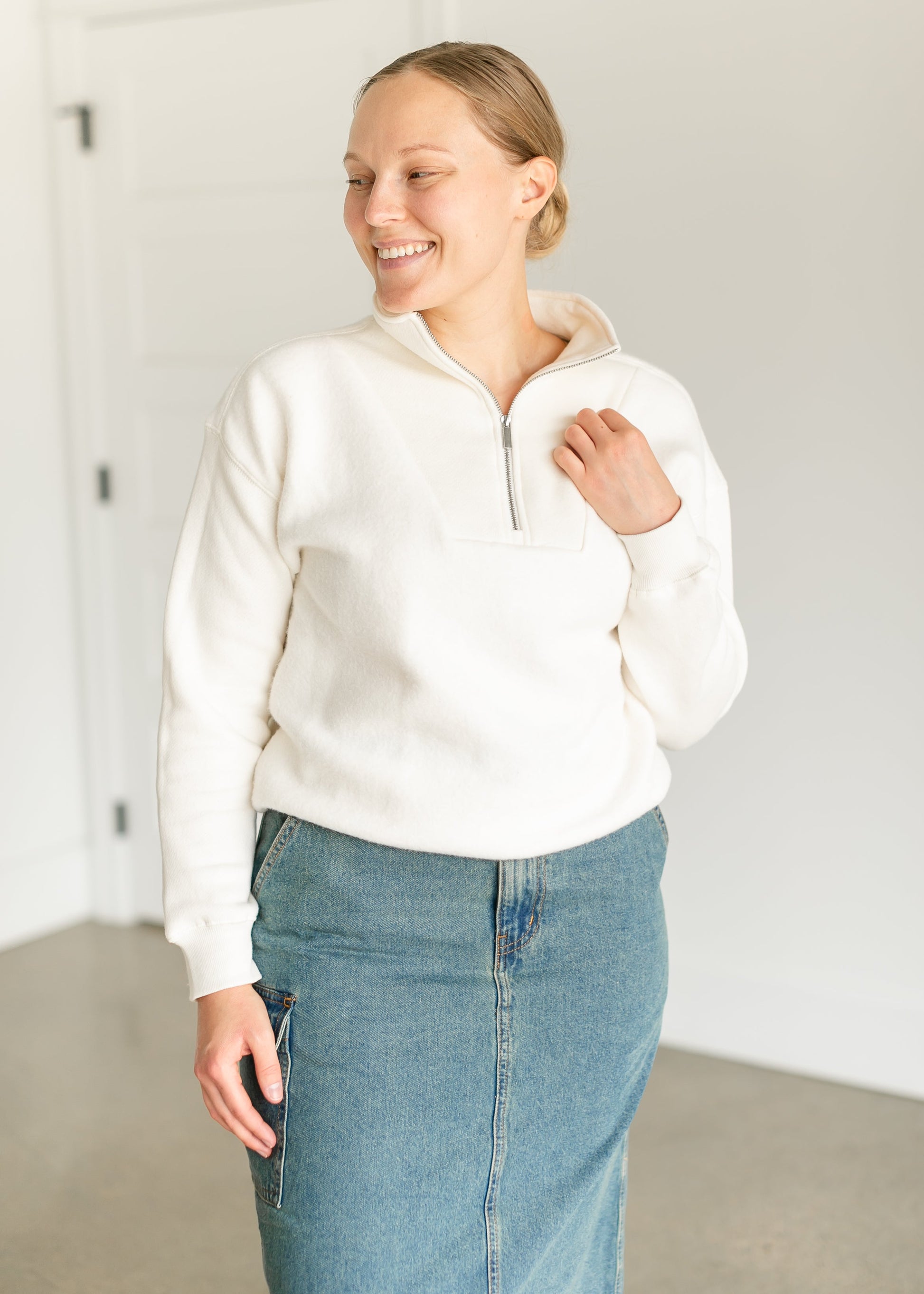 Quarter Zip Reverse Fleece Sweatshirt FF Tops Cream / S