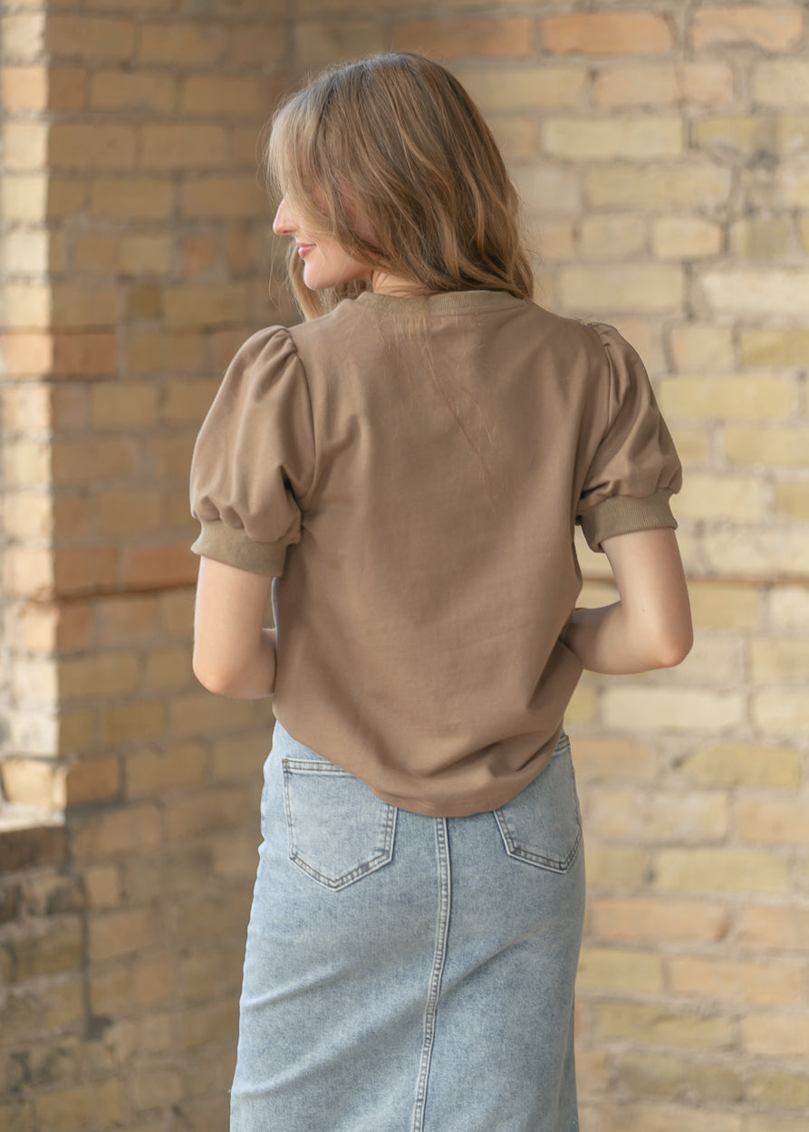 Raleigh Mocha Puff Sleeve Sweatshirt Tee IC Tops