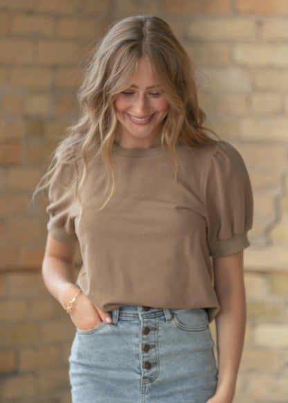 Raleigh Mocha Puff Sleeve Sweatshirt Tee IC Tops