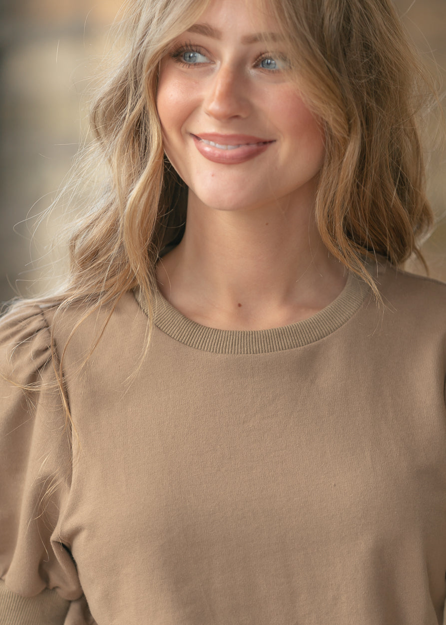 Raleigh Mocha Puff Sleeve Sweatshirt Tee IC Tops