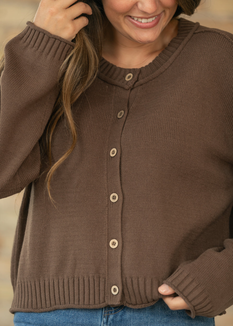 Raw Edge Brown Button Down Knit Cardigan FF Tops