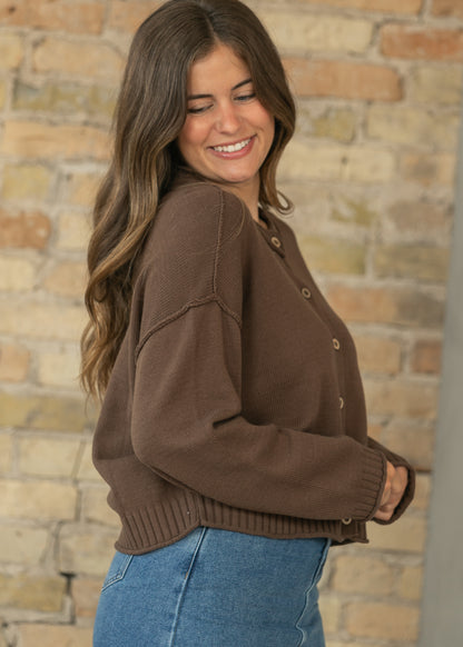 Raw Edge Brown Button Down Knit Cardigan FF Tops