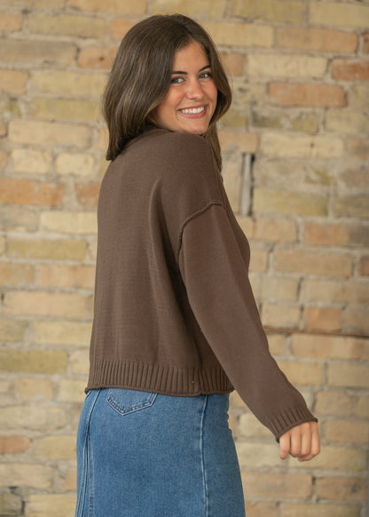 Raw Edge Brown Button Down Knit Cardigan FF Tops