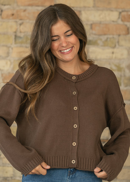 Raw Edge Brown Button Down Knit Cardigan FF Tops S