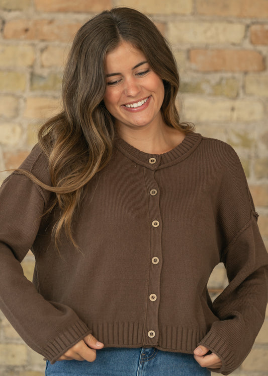 Raw Edge Brown Button Down Knit Cardigan FF Tops S