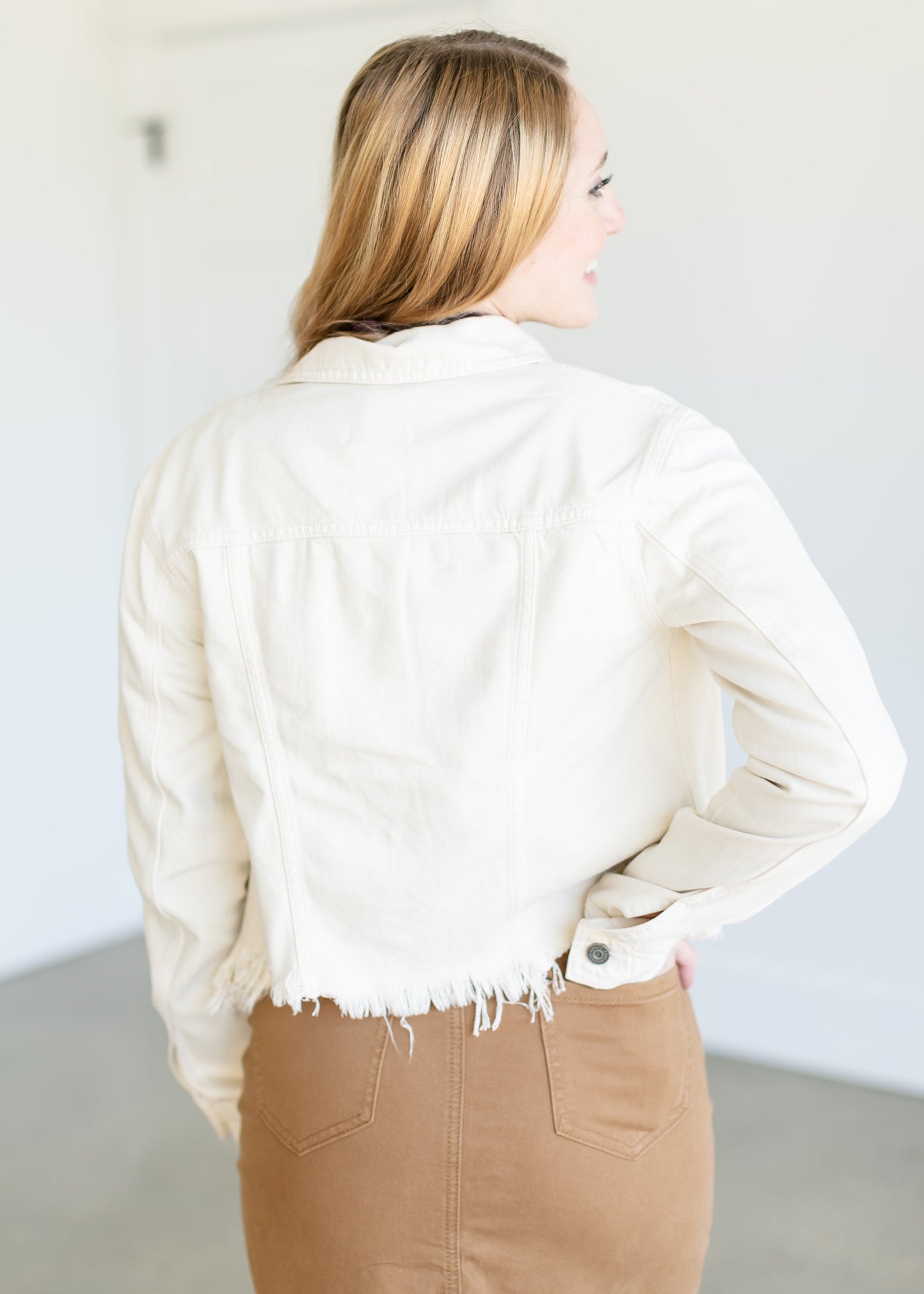 Raw Hem Cream Denim Jacket FF Tops