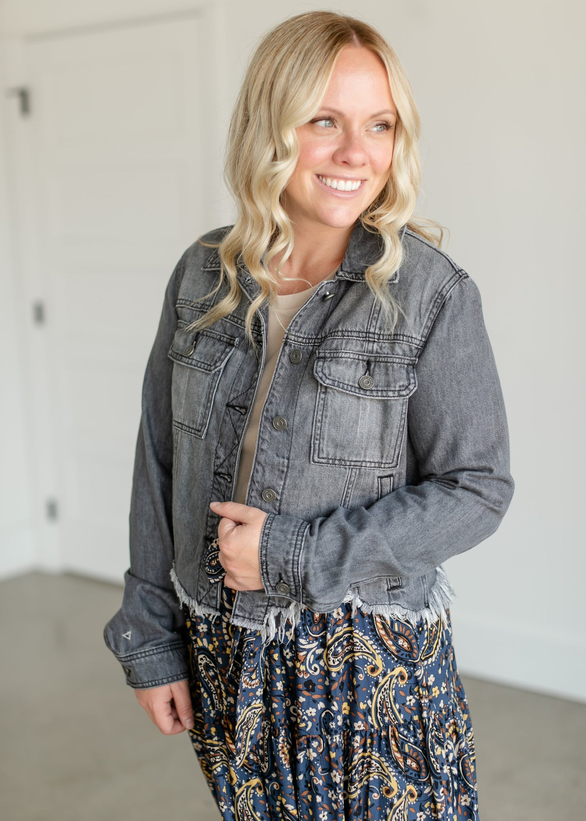 Rebel Gray Frayed Denim Jacket FF Tops