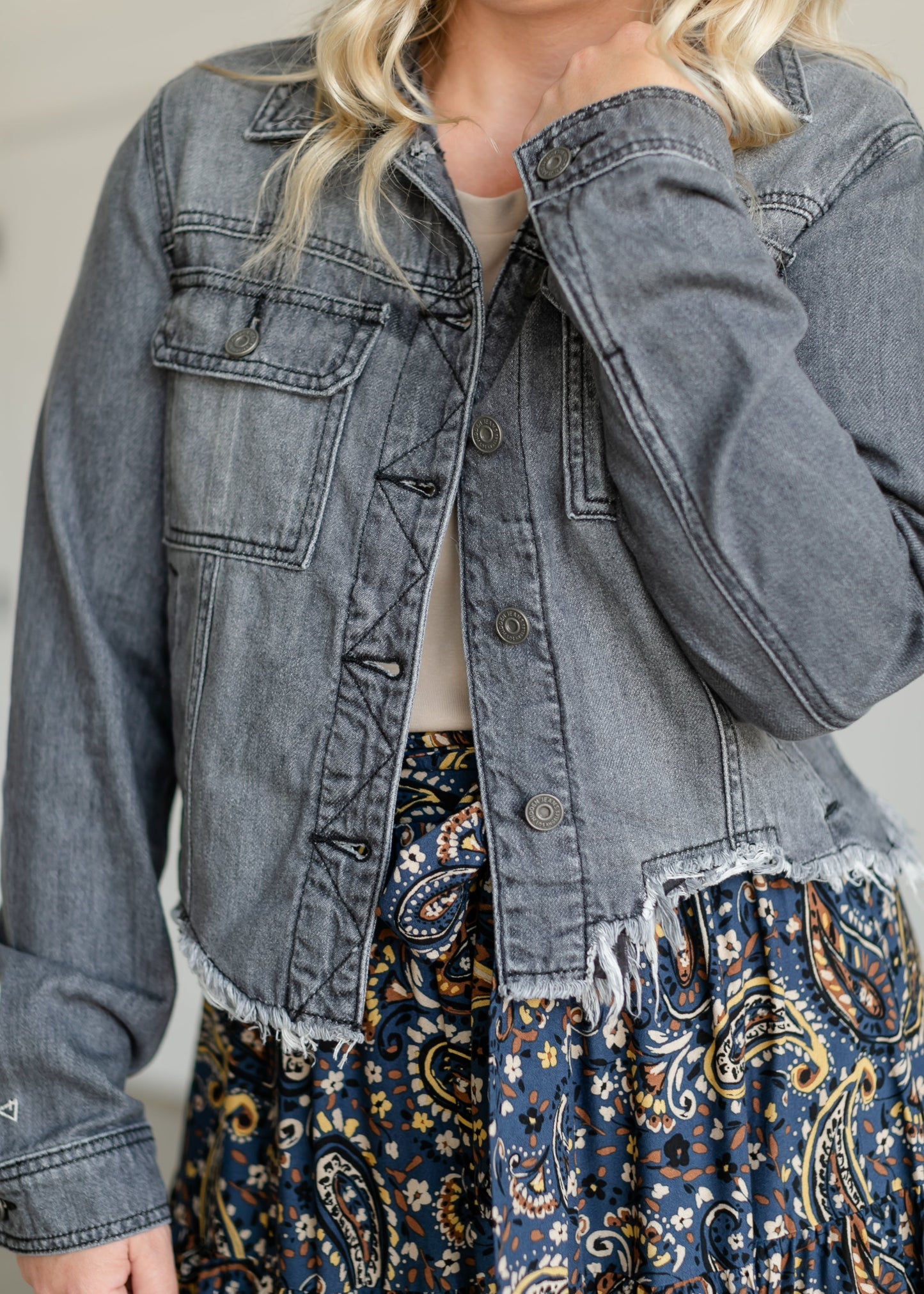 Rebel Gray Frayed Denim Jacket FF Tops