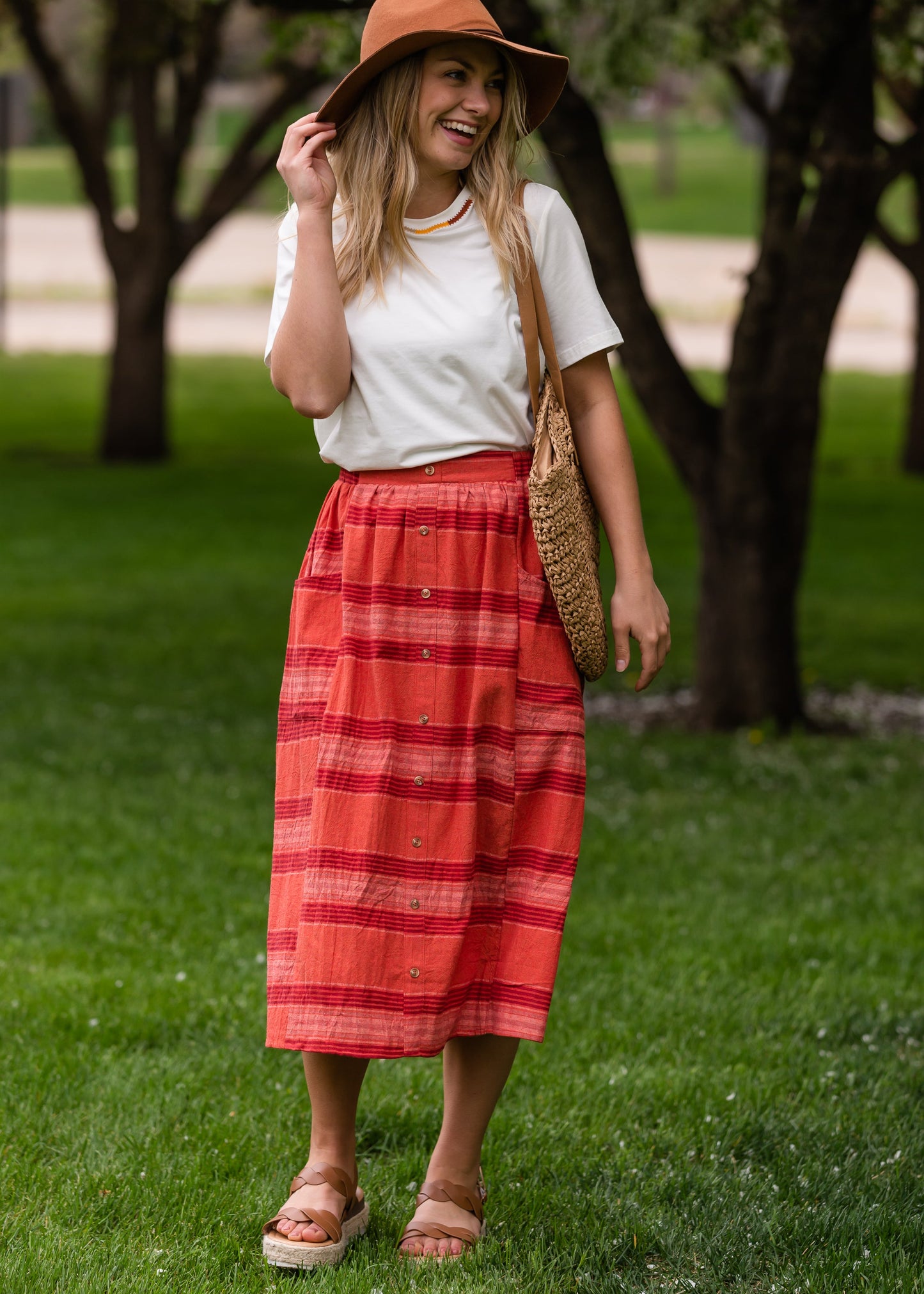 Red Brick Striped Pocket Midi Skirt FF Skirts