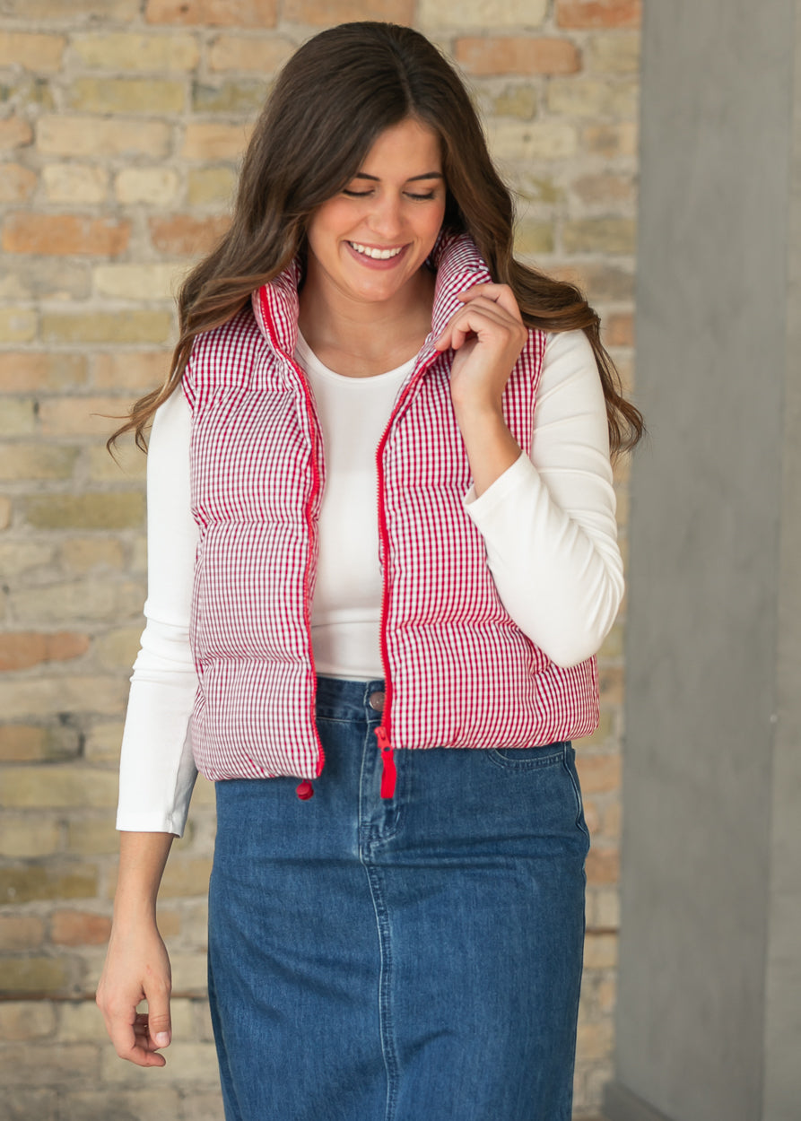 Red Gingham Puffer Vest FF Tops