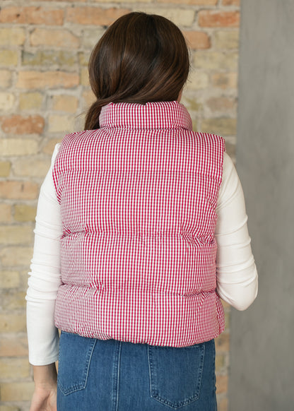 Red Gingham Puffer Vest FF Tops