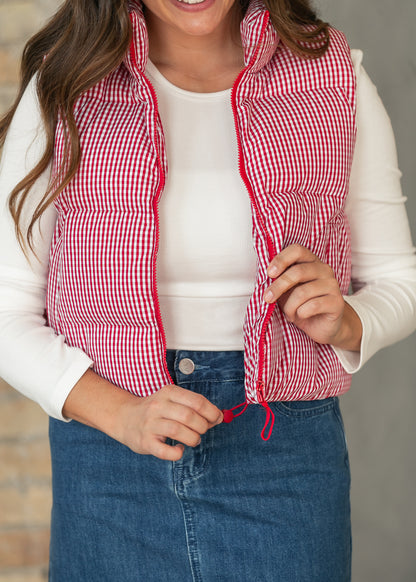 Red Gingham Puffer Vest FF Tops