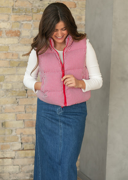 Red Gingham Puffer Vest FF Tops