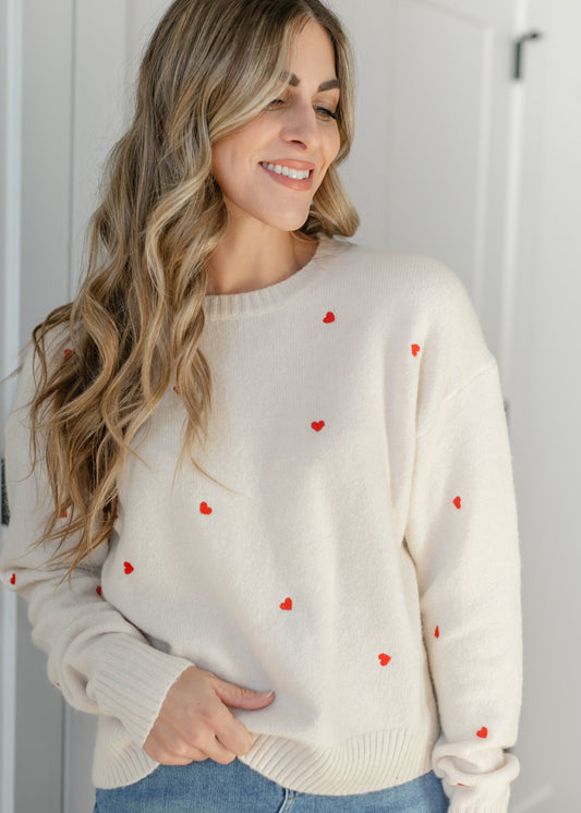 Red Heart Embroidered Knit Sweater FF Tops