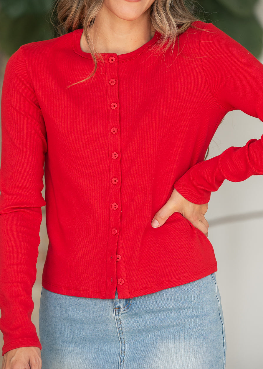 Red Ribbed Knit Button Front Top FF Layering Essentials