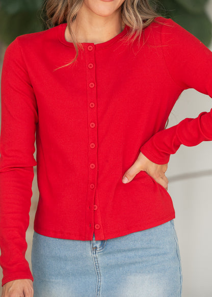 Red Ribbed Knit Button Front Top FF Layering Essentials