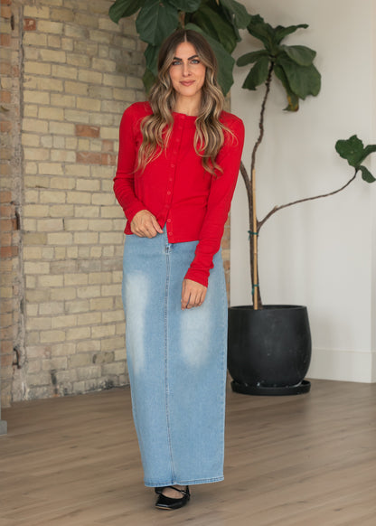 Red Ribbed Knit Button Front Top FF Layering Essentials