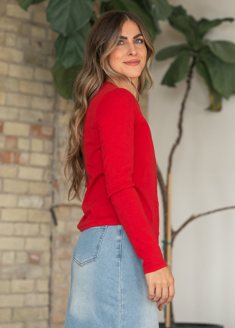 Red Ribbed Knit Button Front Top FF Layering Essentials