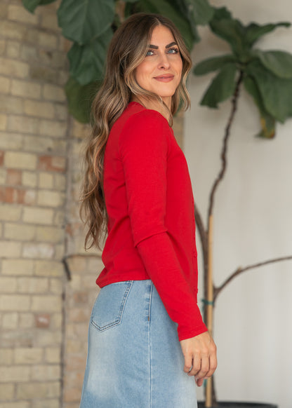 Red Ribbed Knit Button Front Top FF Layering Essentials