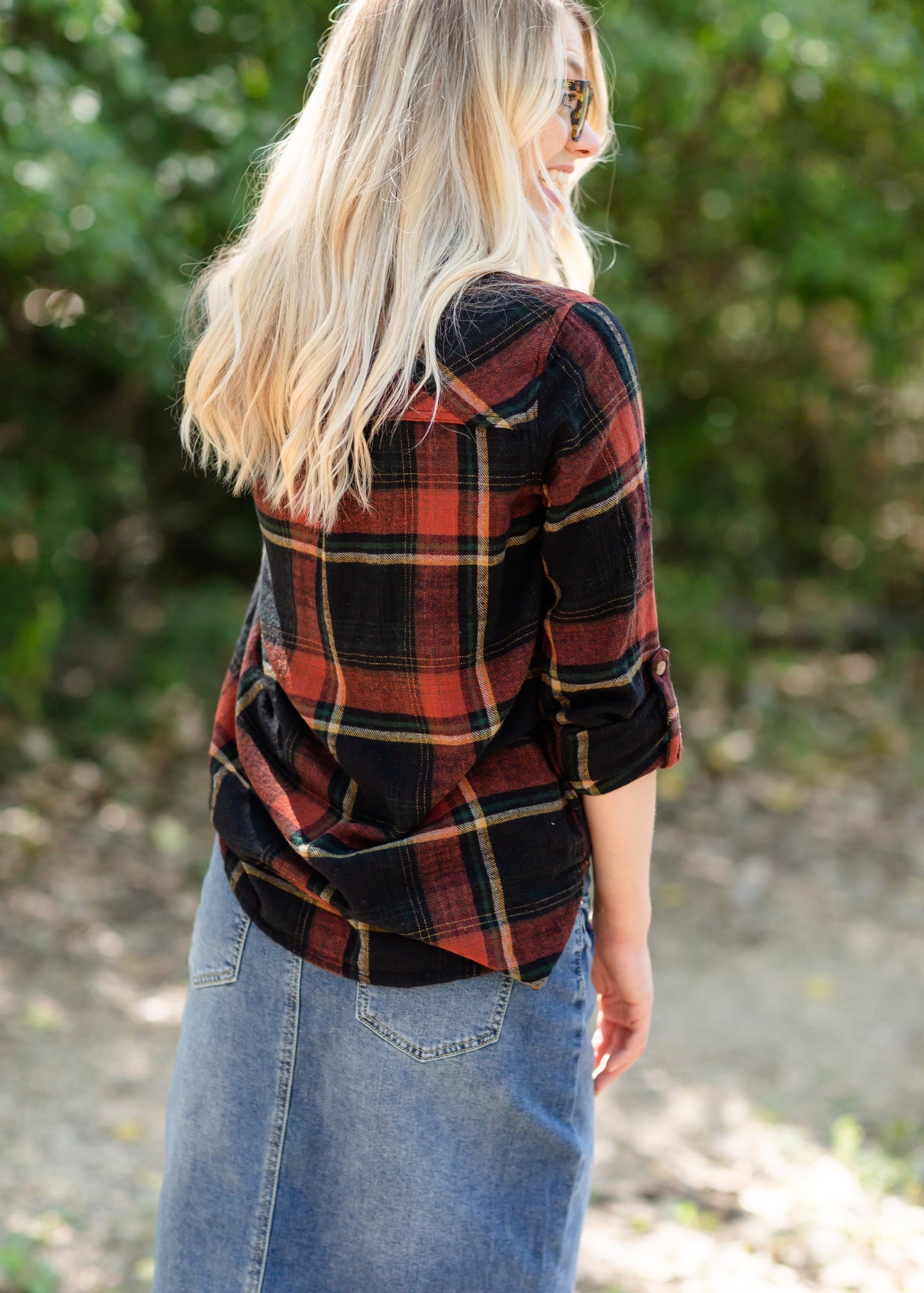 Red Rock + Black Plaid Button Up FF Tops