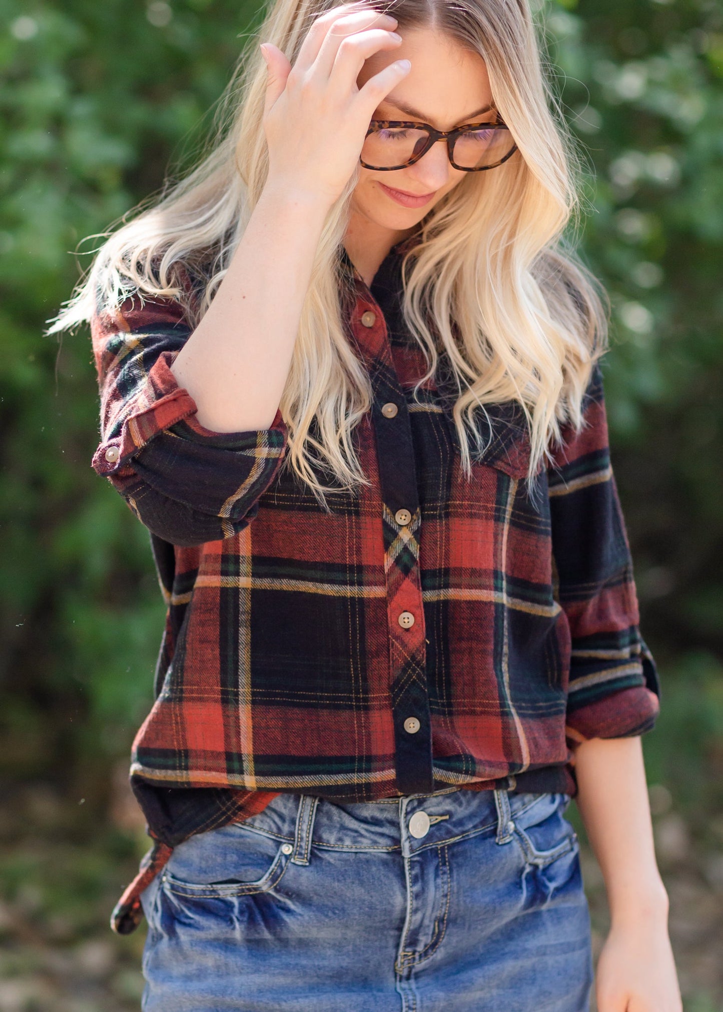 Red Rock + Black Plaid Button Up FF Tops