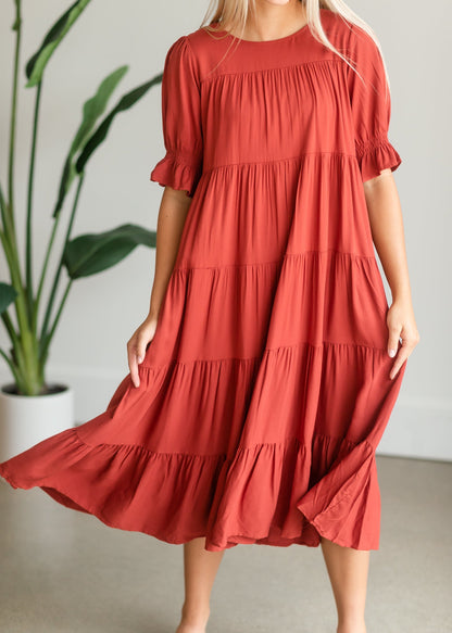 Red Smocked Sleeve Tiered Midi Dress FF Dresses