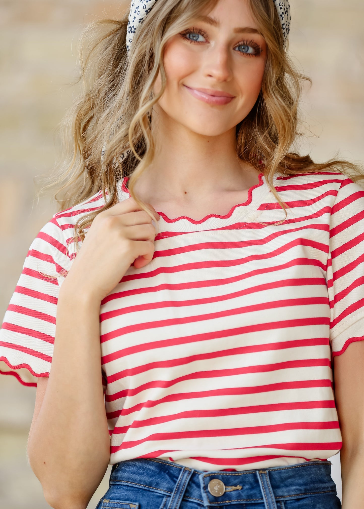Red Striped Short Sleeve Top FF Tops