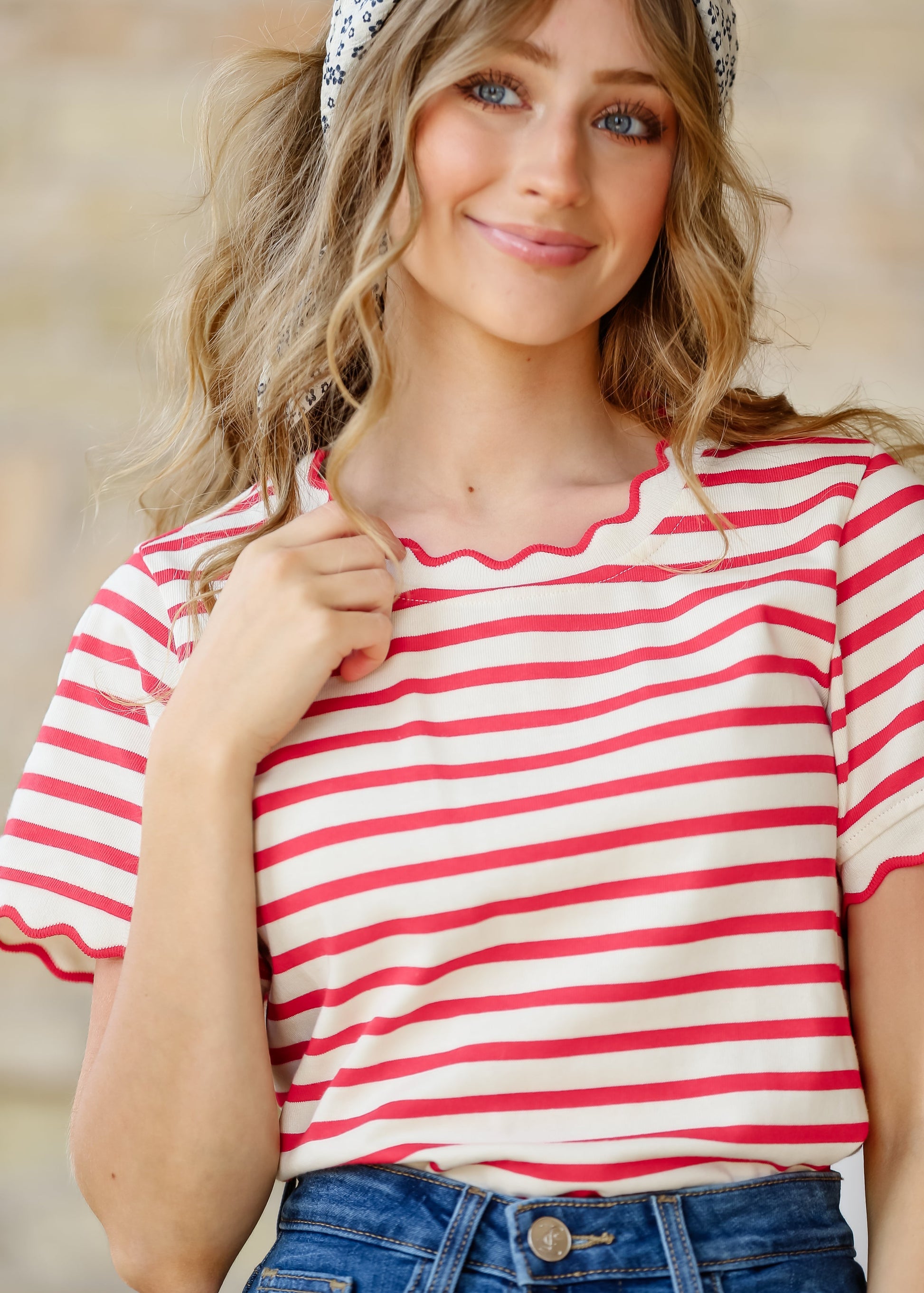 Red Striped Short Sleeve Top FF Tops