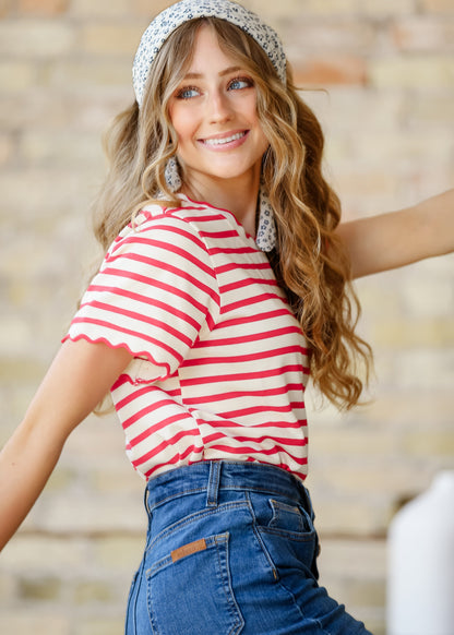 Red Striped Short Sleeve Top FF Tops