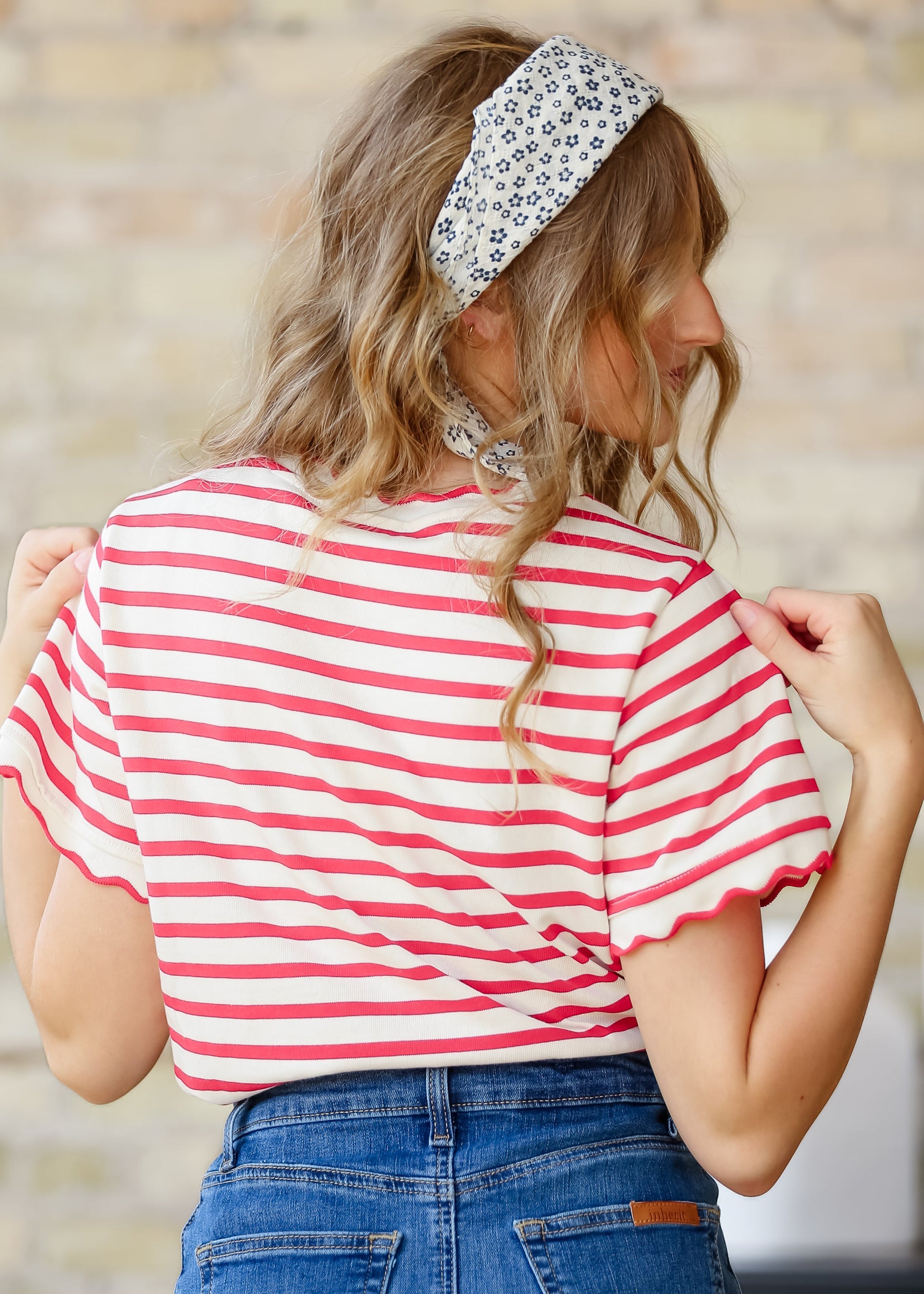 Red Striped Short Sleeve Top FF Tops