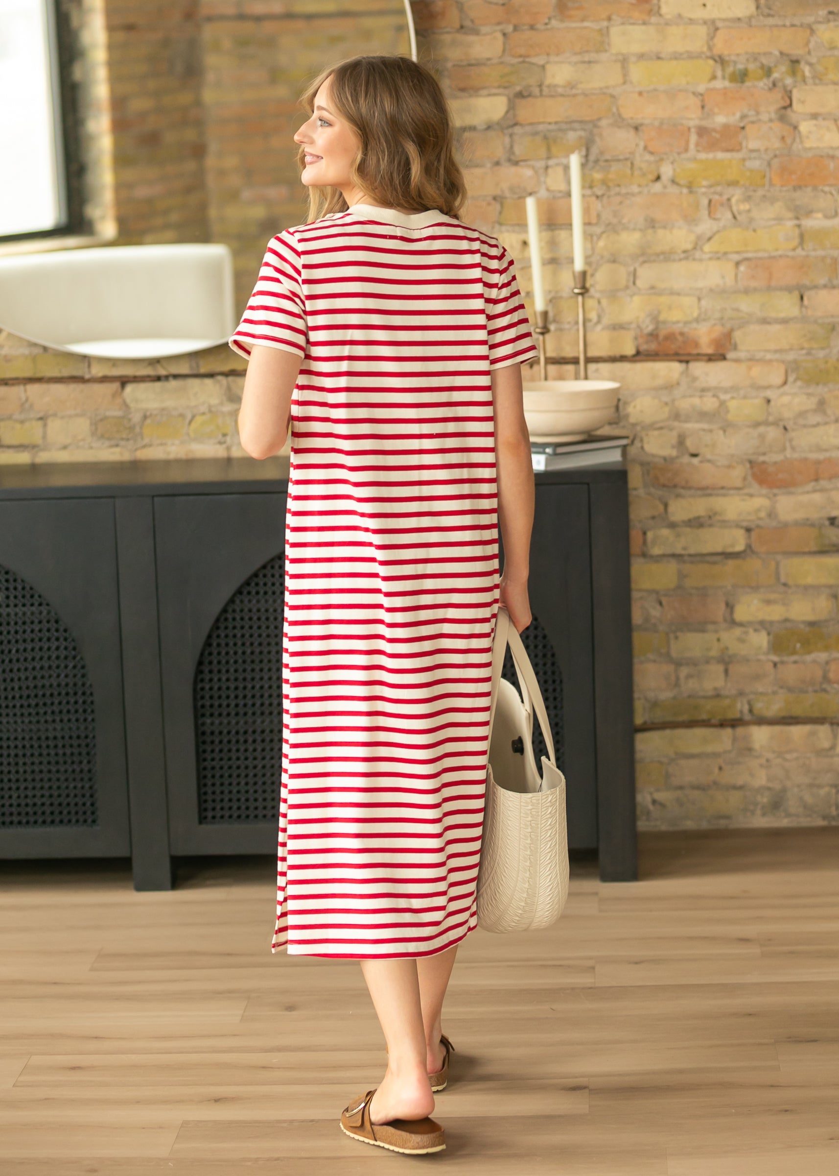 Red Striped Snap Button Midi Dress FF Dresses