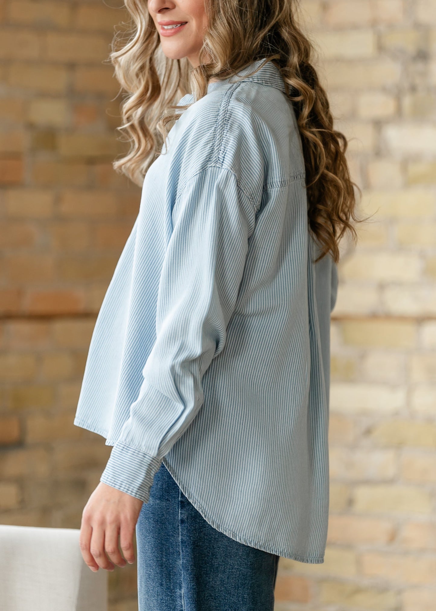 Relaxed Pinstripe Button Front Shirt FF Tops