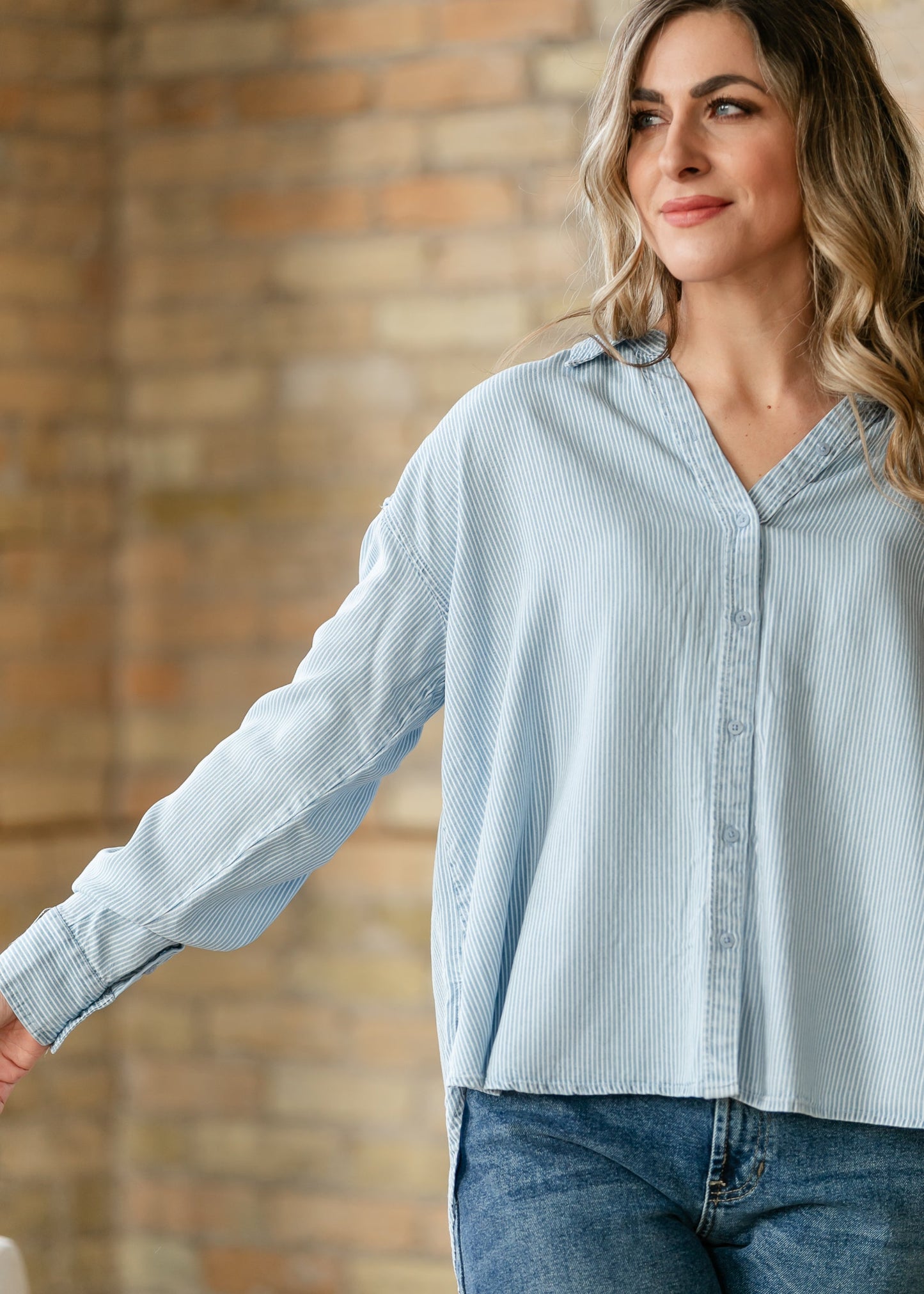 Relaxed Pinstripe Button Front Shirt FF Tops