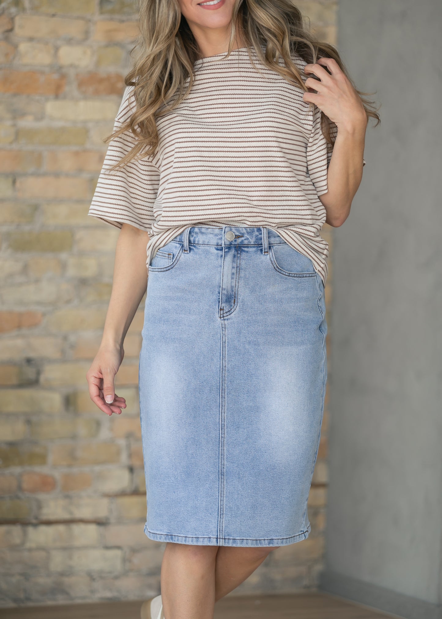 Remi Light Wash Denim Midi Skirt IC Skirts