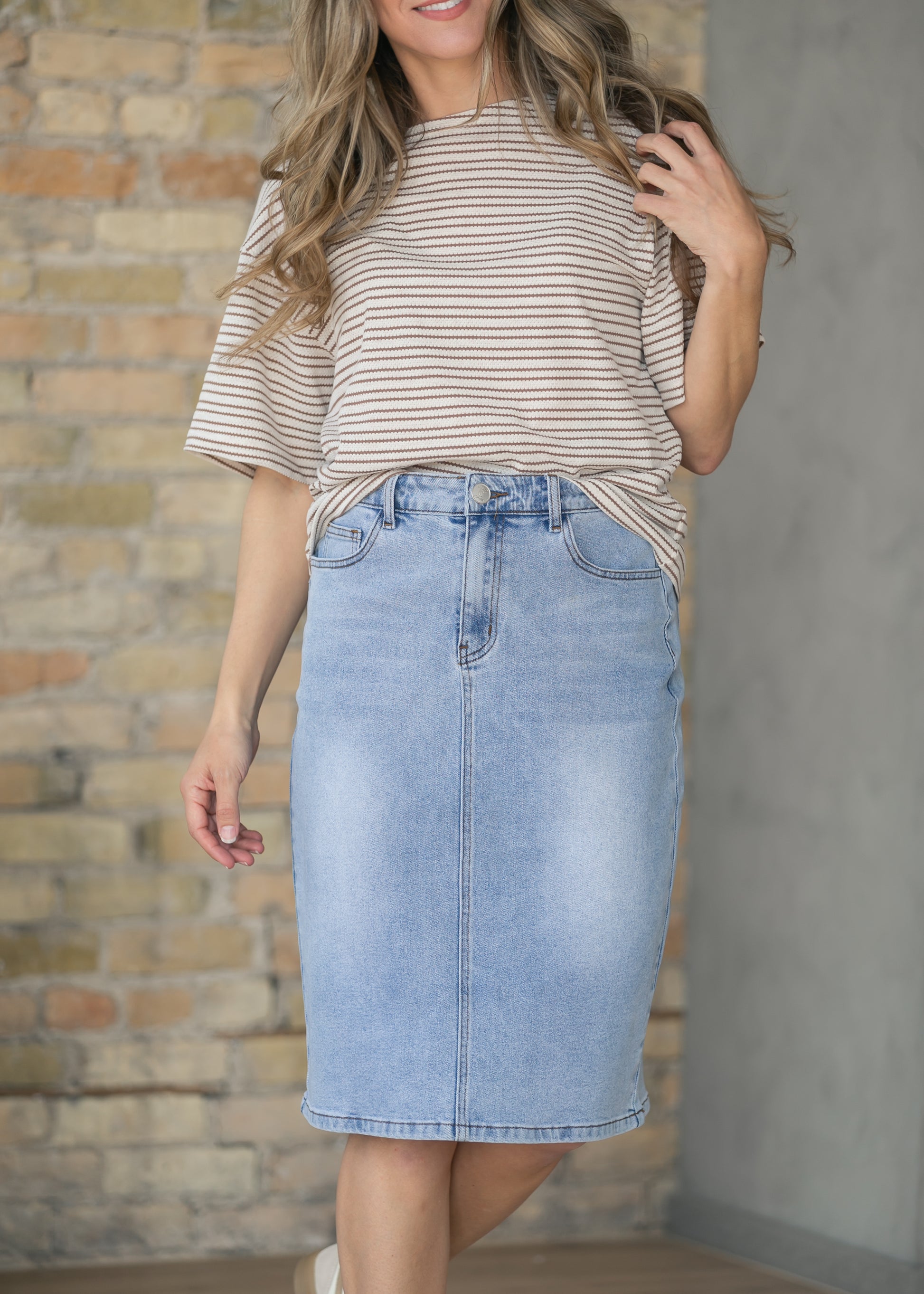 Remi Light Wash Denim Midi Skirt IC Skirts