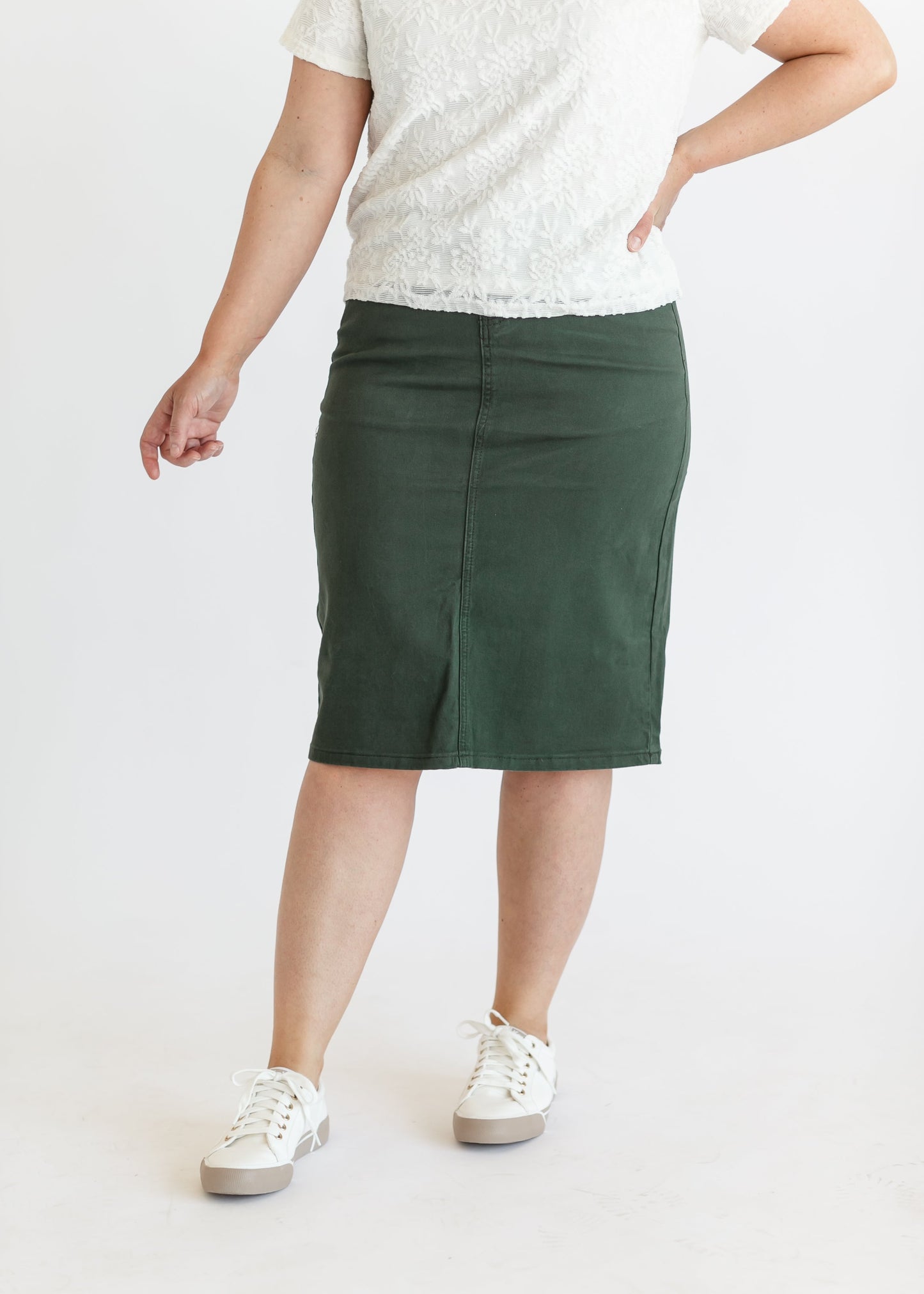 Remi Olive Branch Denim Midi Skirt IC Skirts