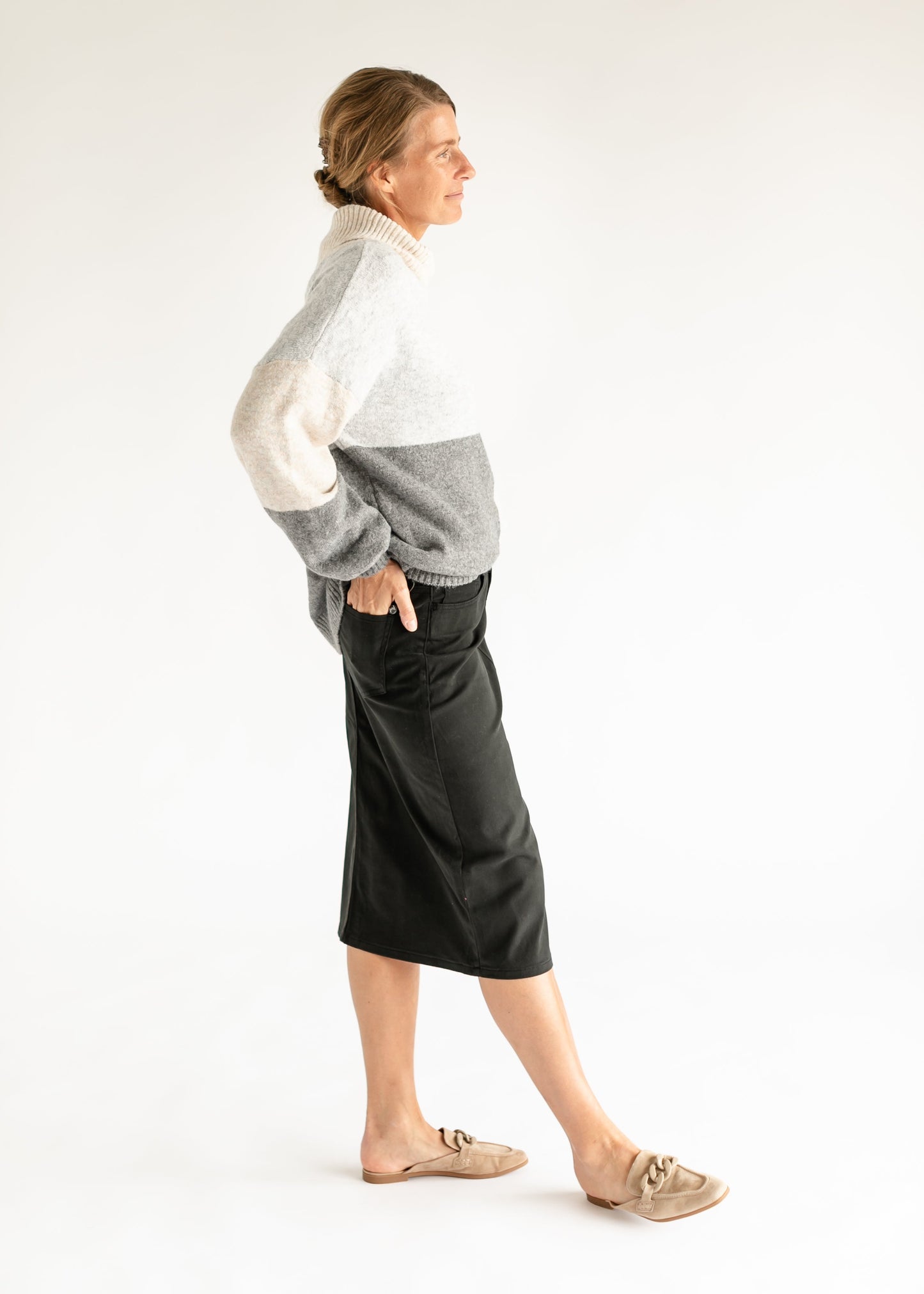 Remi Sable Black Denim Midi Skirt IC Skirts