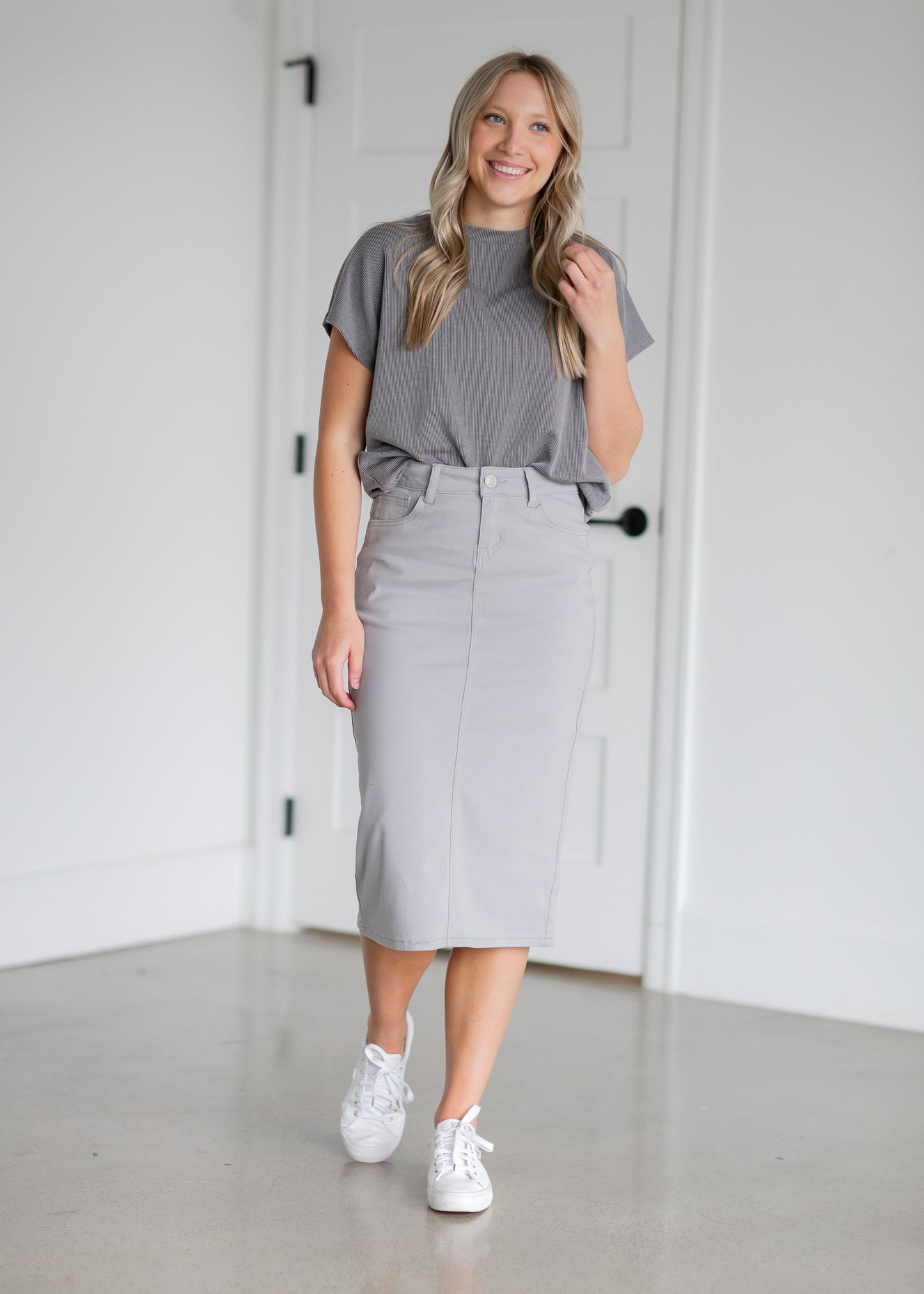 Remi Ultimate Gray Denim Midi Skirt - FINAL SALE – Inherit Co.