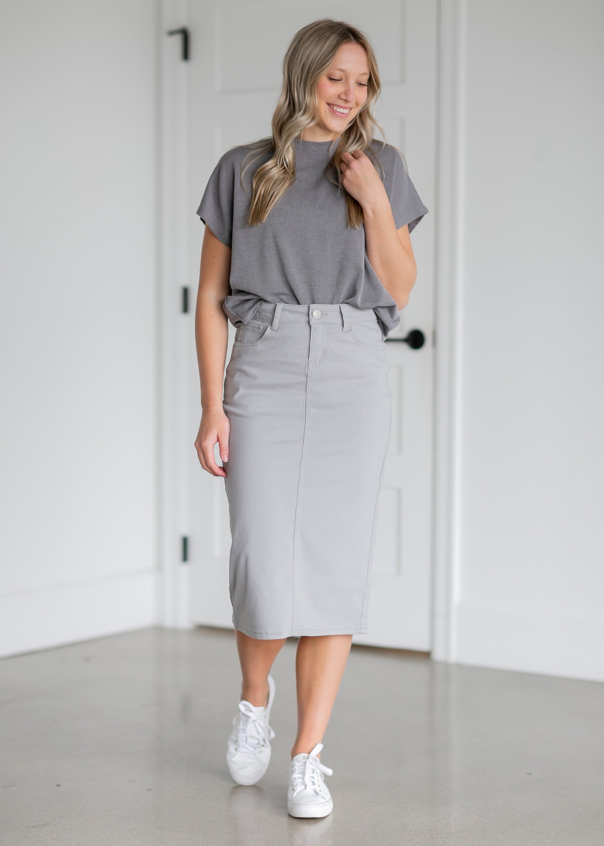 Remi Ultimate Gray Denim Midi Skirt Skirts