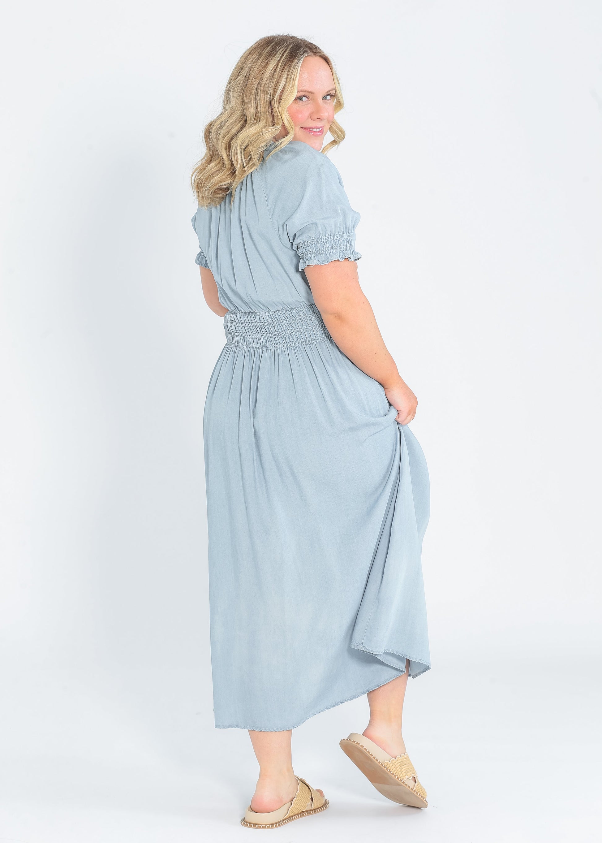 Rena Button Front Chambray Maxi Dress IC Dresses