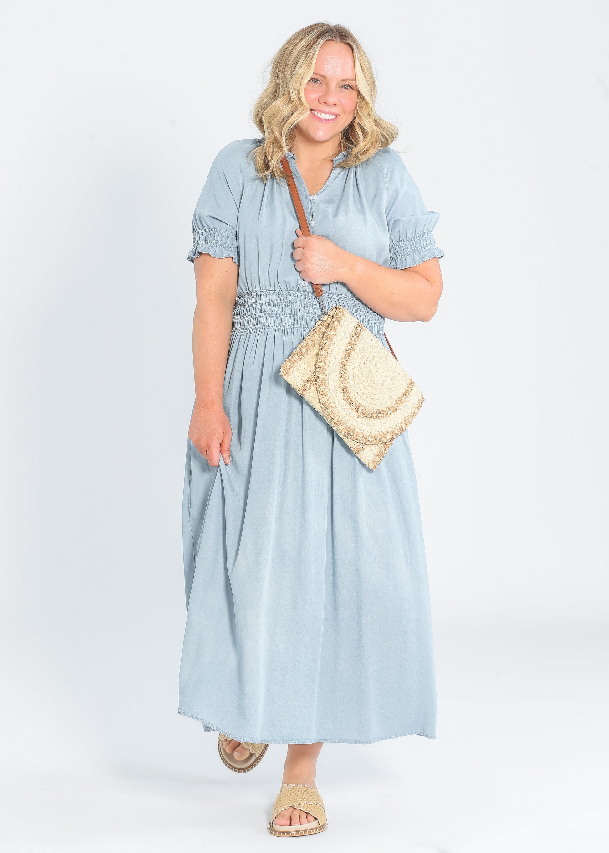 Rena Button Front Chambray Maxi Dress IC Dresses