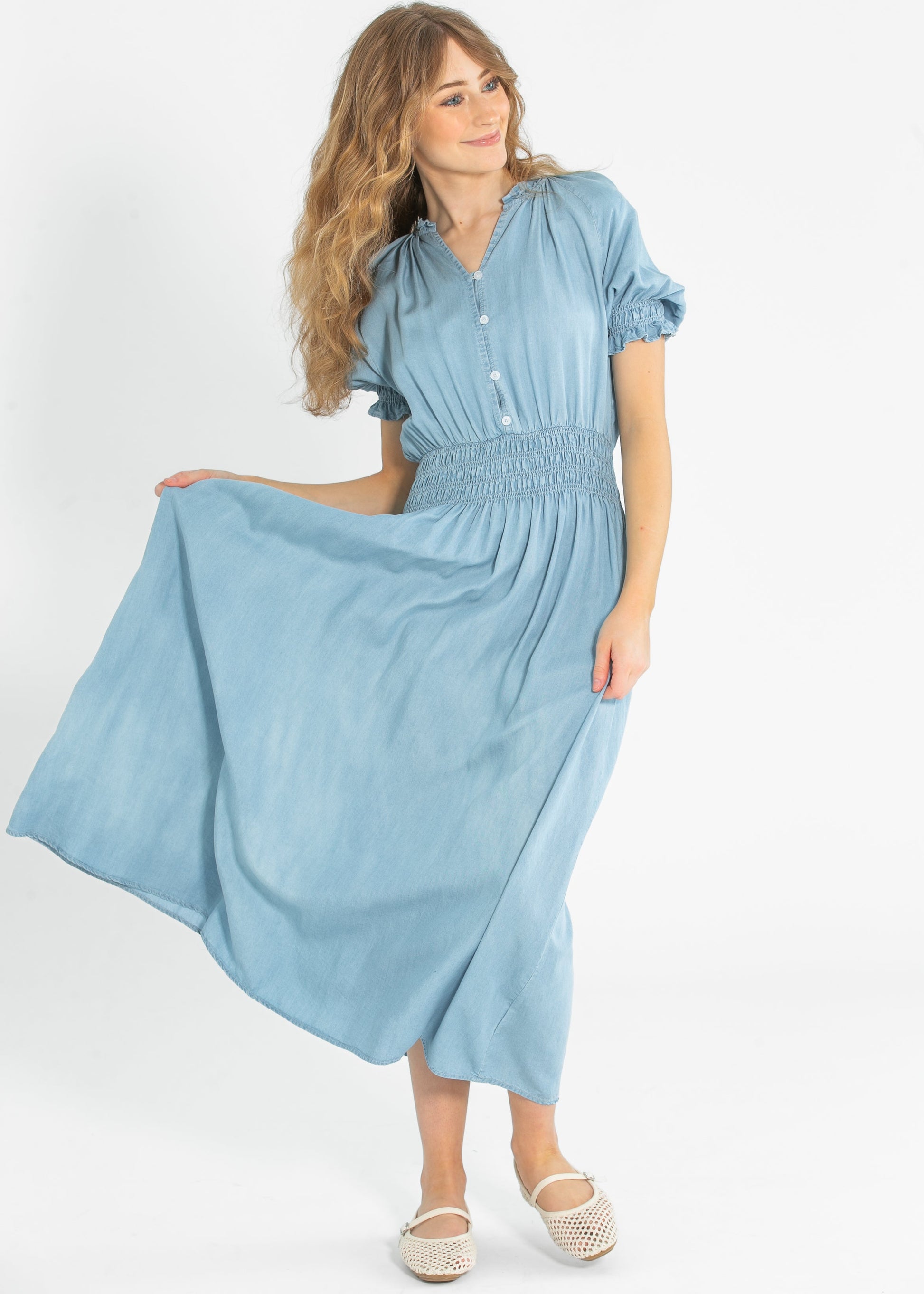 Rena Button Front Chambray Maxi Dress IC Dresses