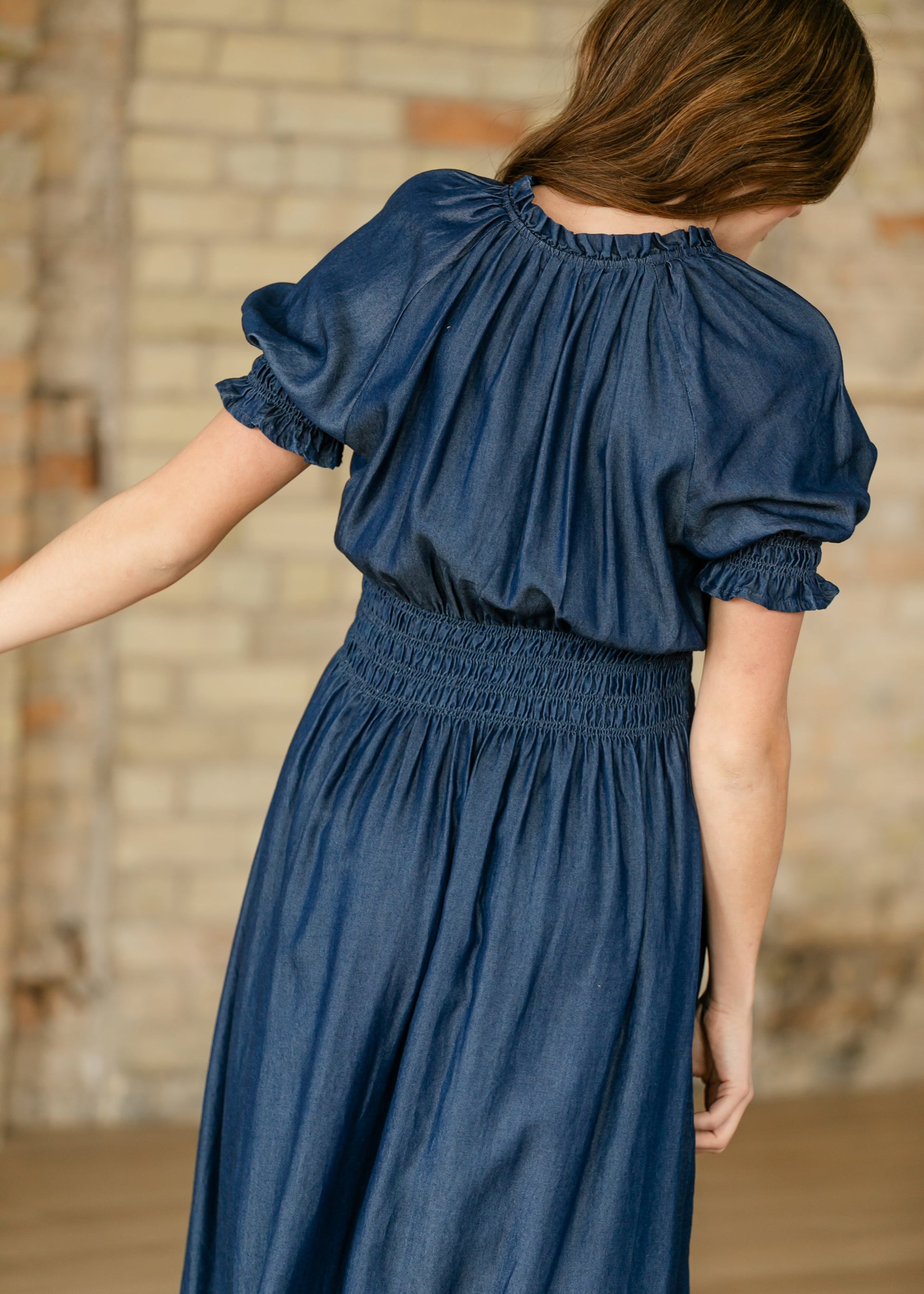chambray midi dress with sleeves SMOCKED FRONT TIE PUFF SLEEVE DENIM MIDI DRESS CHAMBRAY / Small