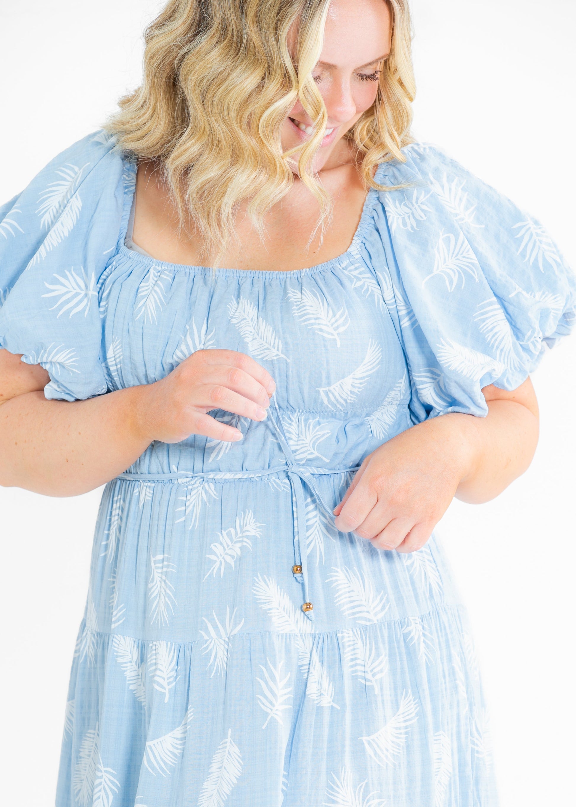 Rhea Leaf Print Puff Sleeve Tiered Midi Dress